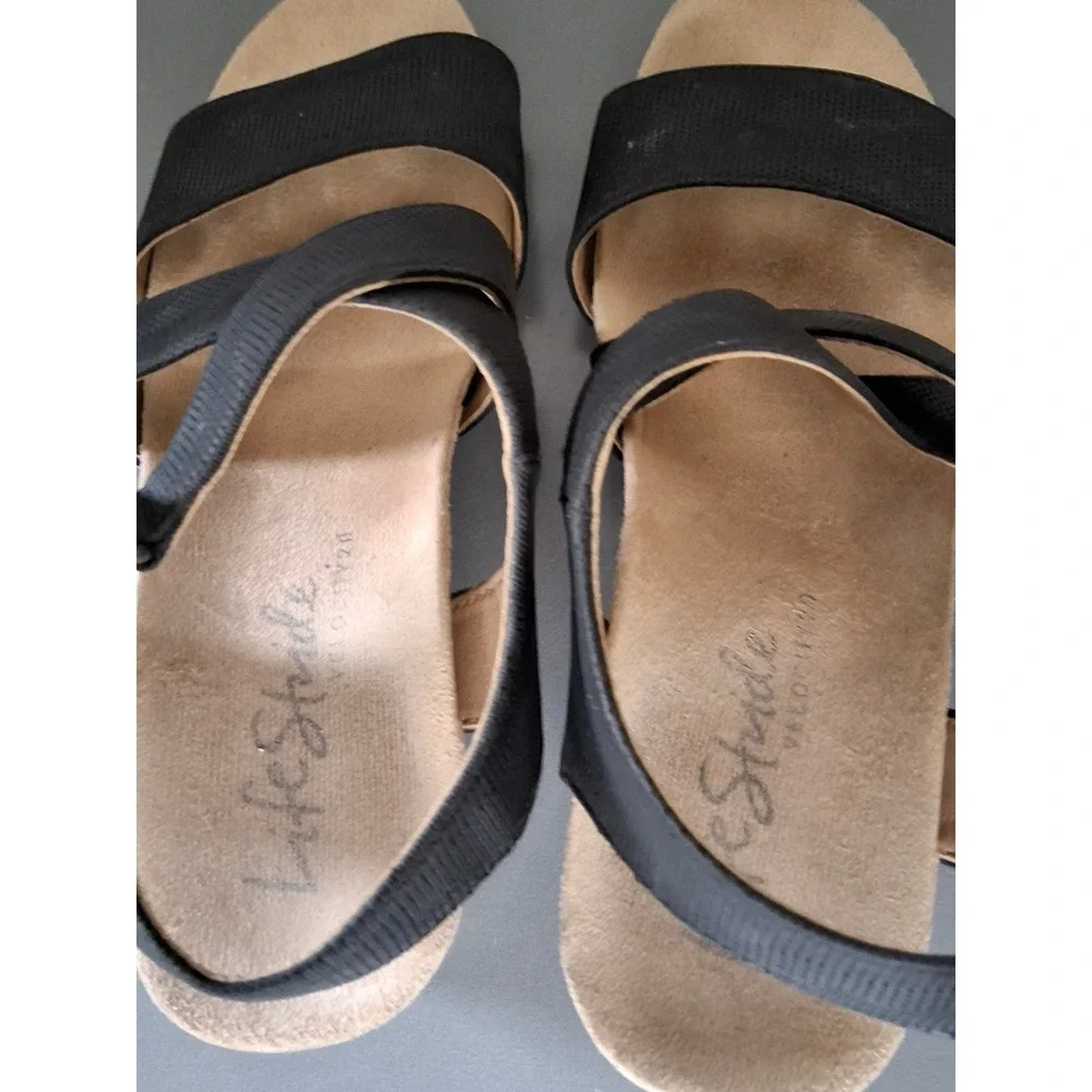 LifeStride Velocity Womens Black Strappy Cork Wedge Sandals Size 6.5 M